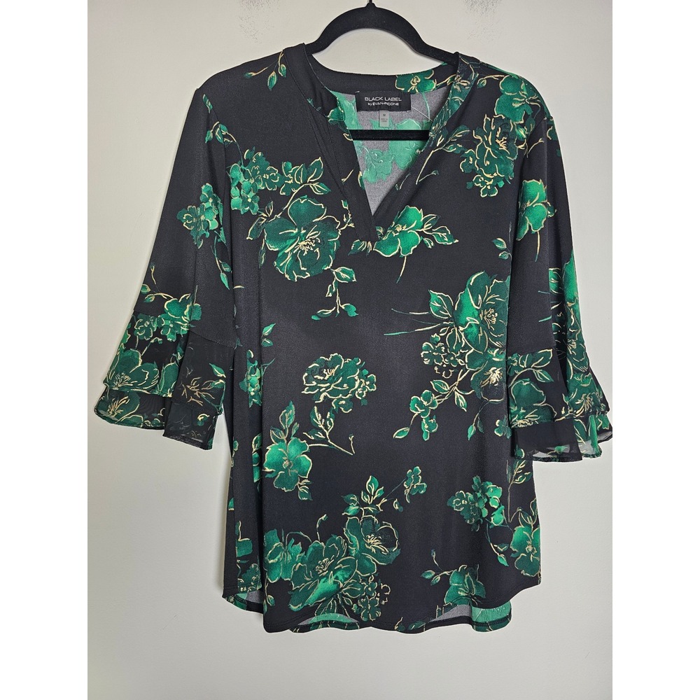 Romantic Black Label by Evan-Picone Blouse Womens Medium Black Green Floral Bell